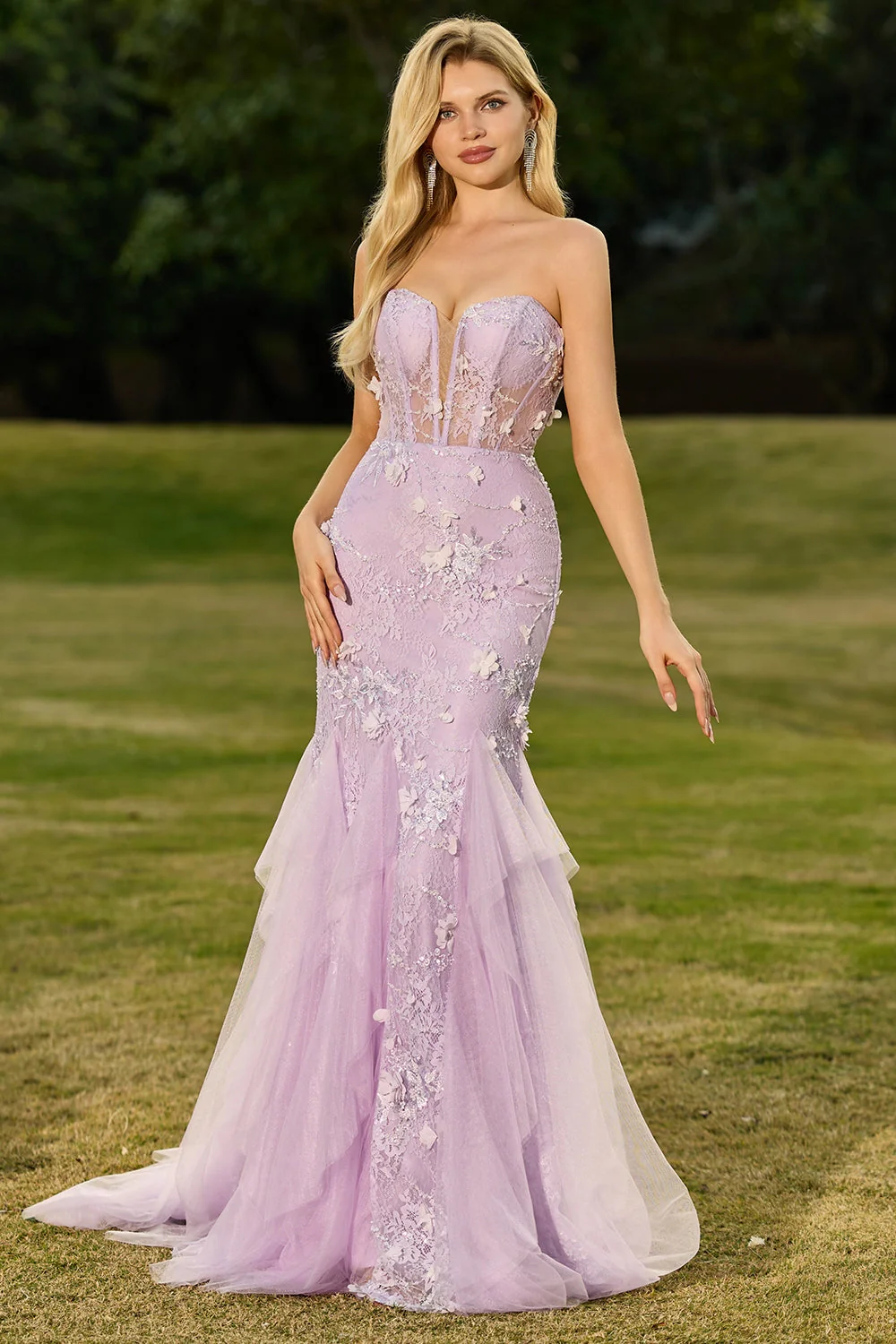 Corset sans anneaux jaune sirène, longue robe de bal en dentelle avec des fleurs 3D - Image 11