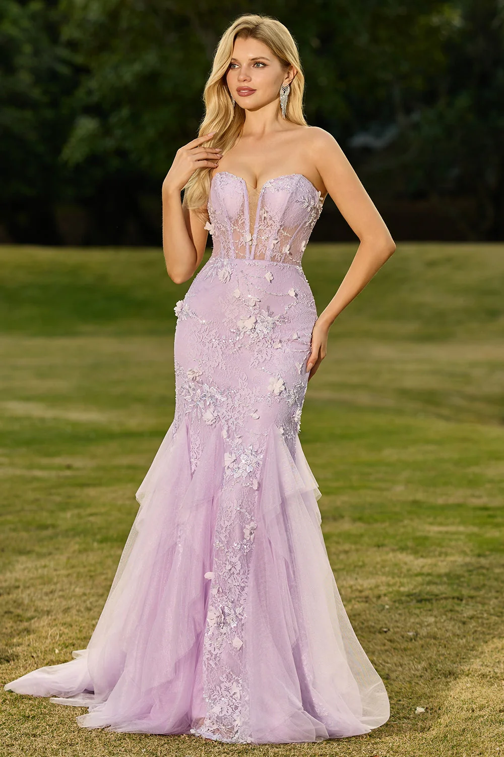 Corset sans anneaux jaune sirène, longue robe de bal en dentelle avec des fleurs 3D - Image 12