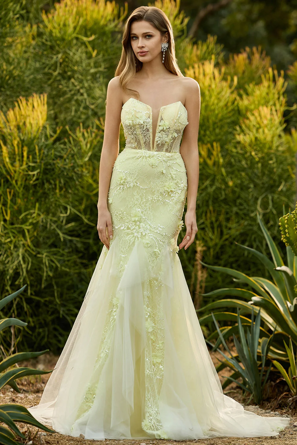 Corset sans anneaux jaune sirène, longue robe de bal en dentelle avec des fleurs 3D - Image 3