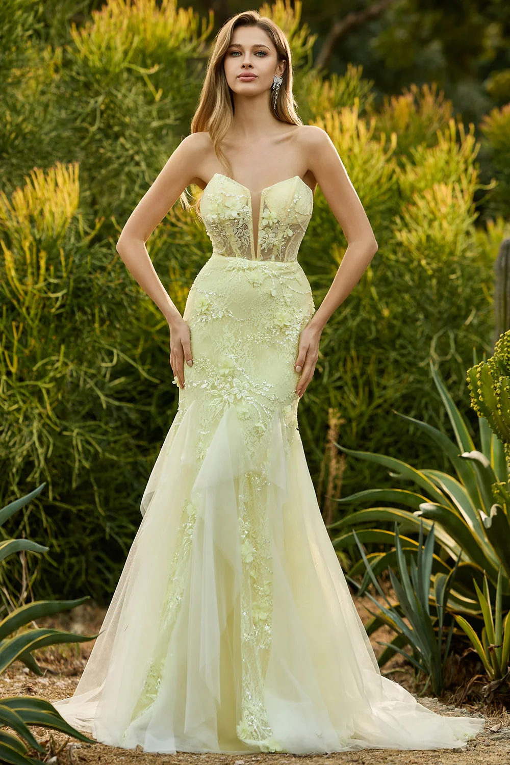 Corset sans anneaux jaune sirène, longue robe de bal en dentelle avec des fleurs 3D - Image 4
