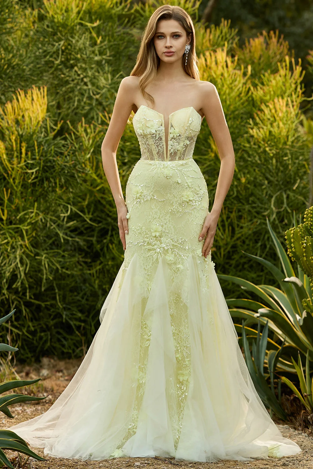 Corset sans anneaux jaune sirène, longue robe de bal en dentelle avec des fleurs 3D - Image 6