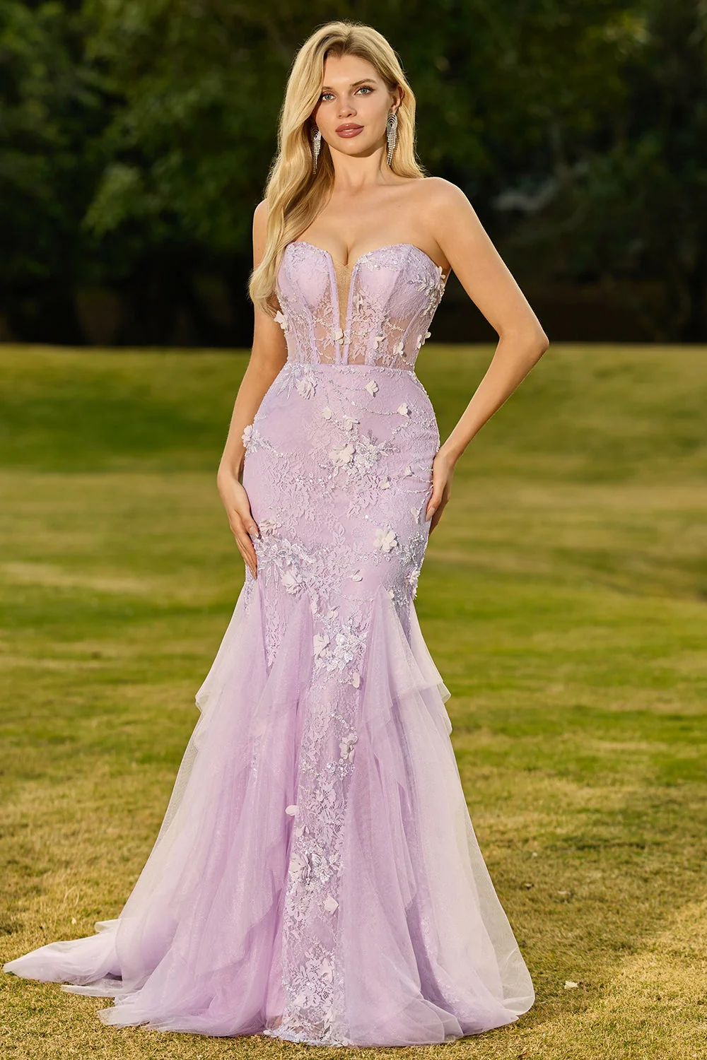 Corset sans anneaux jaune sirène, longue robe de bal en dentelle avec des fleurs 3D - Image 7