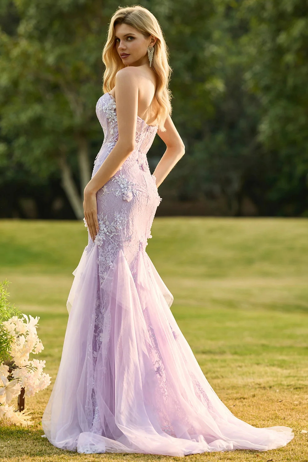Corset sans anneaux jaune sirène, longue robe de bal en dentelle avec des fleurs 3D - Image 8