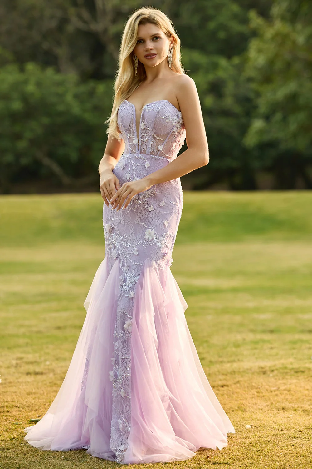 Corset sans anneaux jaune sirène, longue robe de bal en dentelle avec des fleurs 3D - Image 9