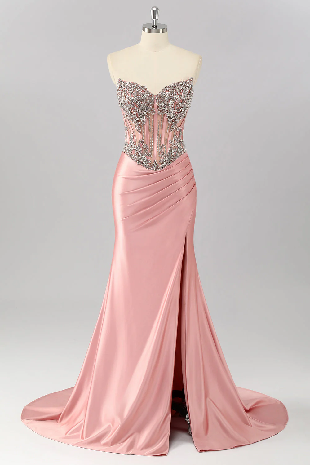 Robe de soirée longue blush en satin sans anneaux corset décoré de strass - Image 3
