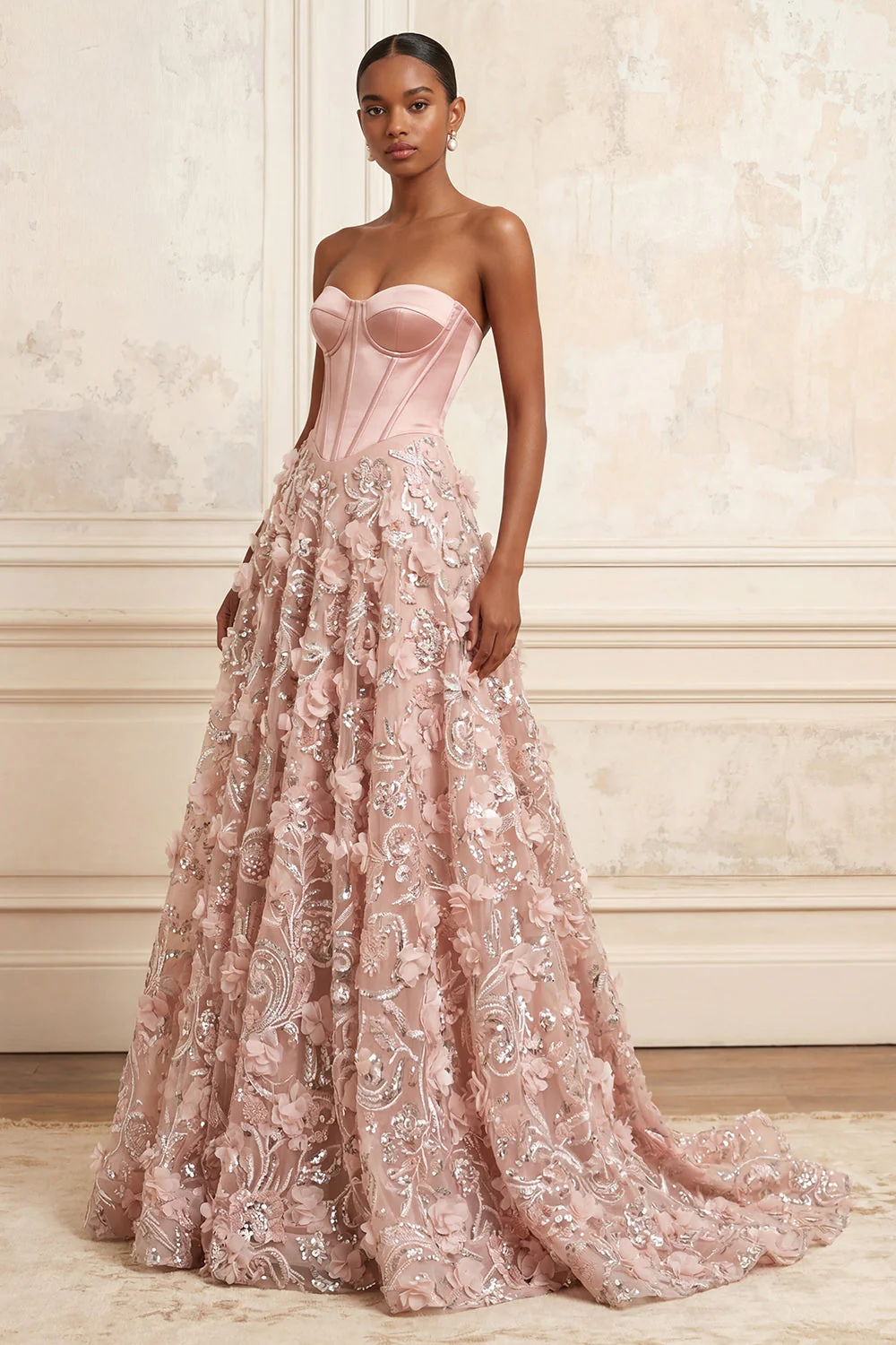 Corset sans bretelles Blush A-line, sequins, longue robe de bal appliquée avec fleurs 3D