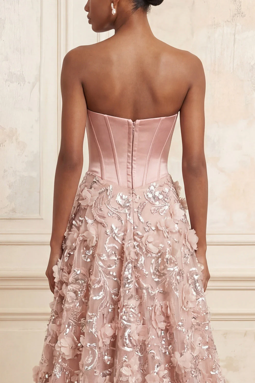 Corset sans bretelles Blush A-line, sequins, longue robe de bal appliquée avec fleurs 3D - Image 4