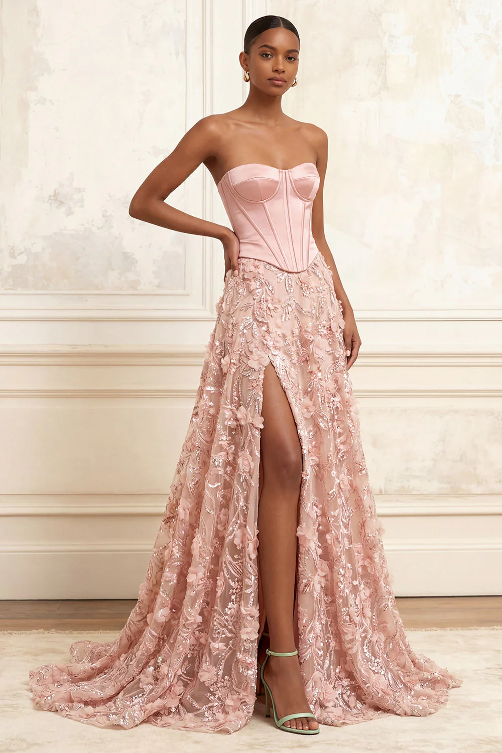 Corset sans bretelles Blush A-Line Sequins, taille basque longue robe de bal florale avec fente