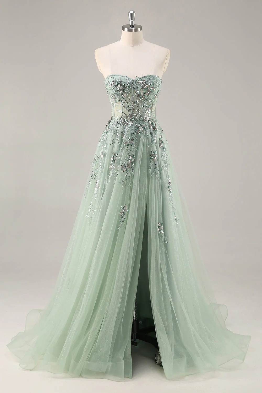Robe de soirée longue en tulle bustier trapèze fendue