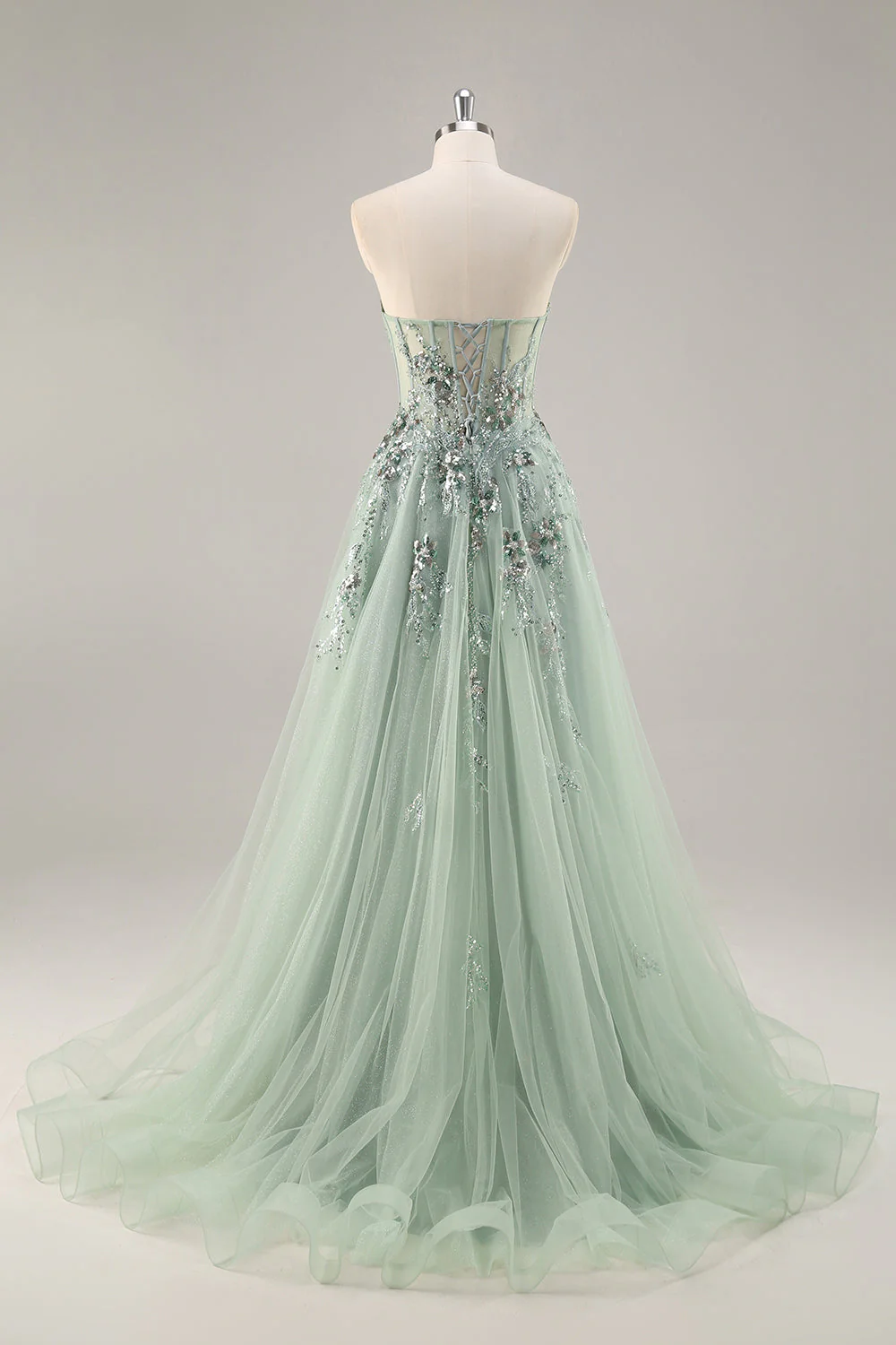 Robe de soirée longue en tulle bustier trapèze fendue - Image 2