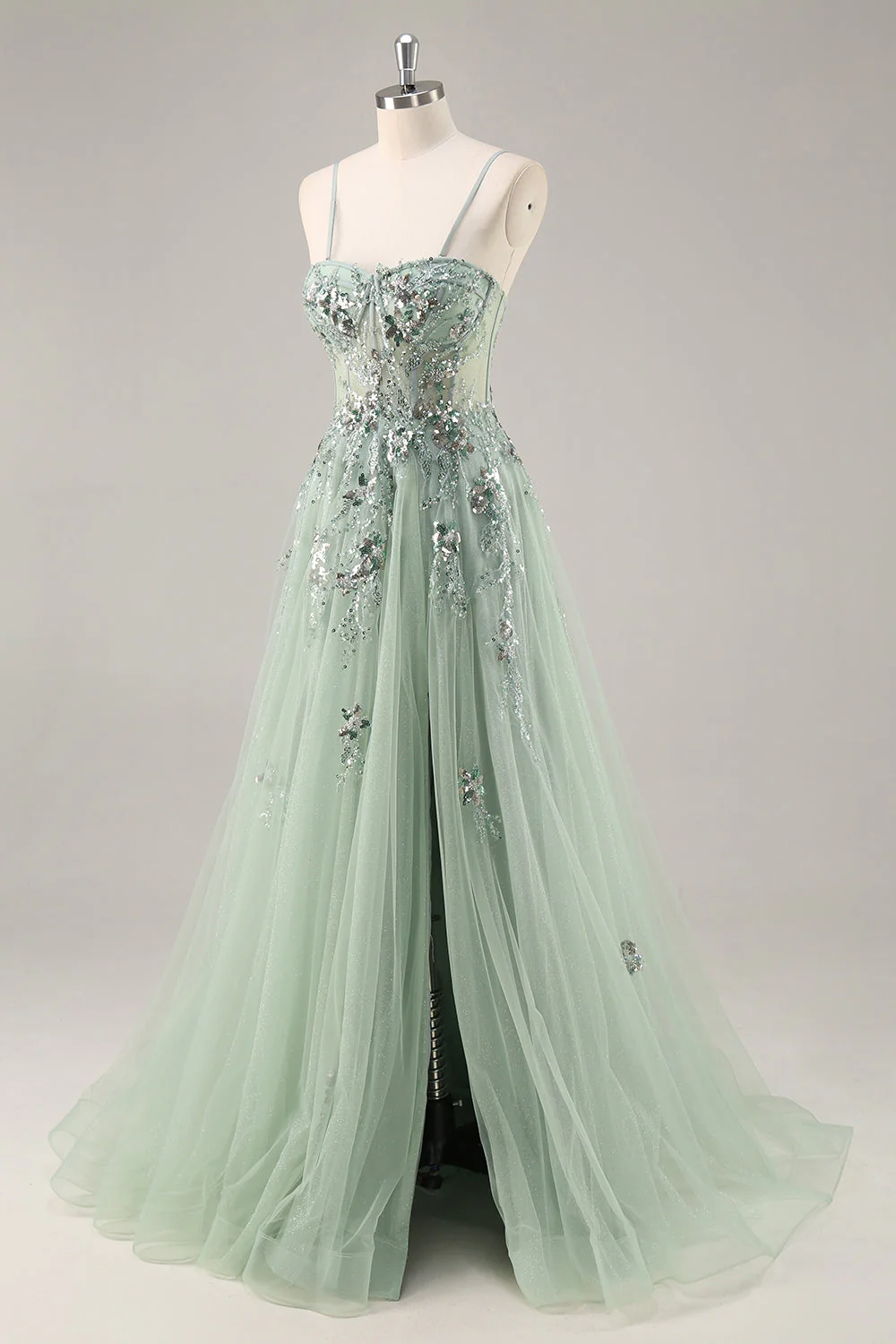Robe de soirée longue en tulle bustier trapèze fendue - Image 3
