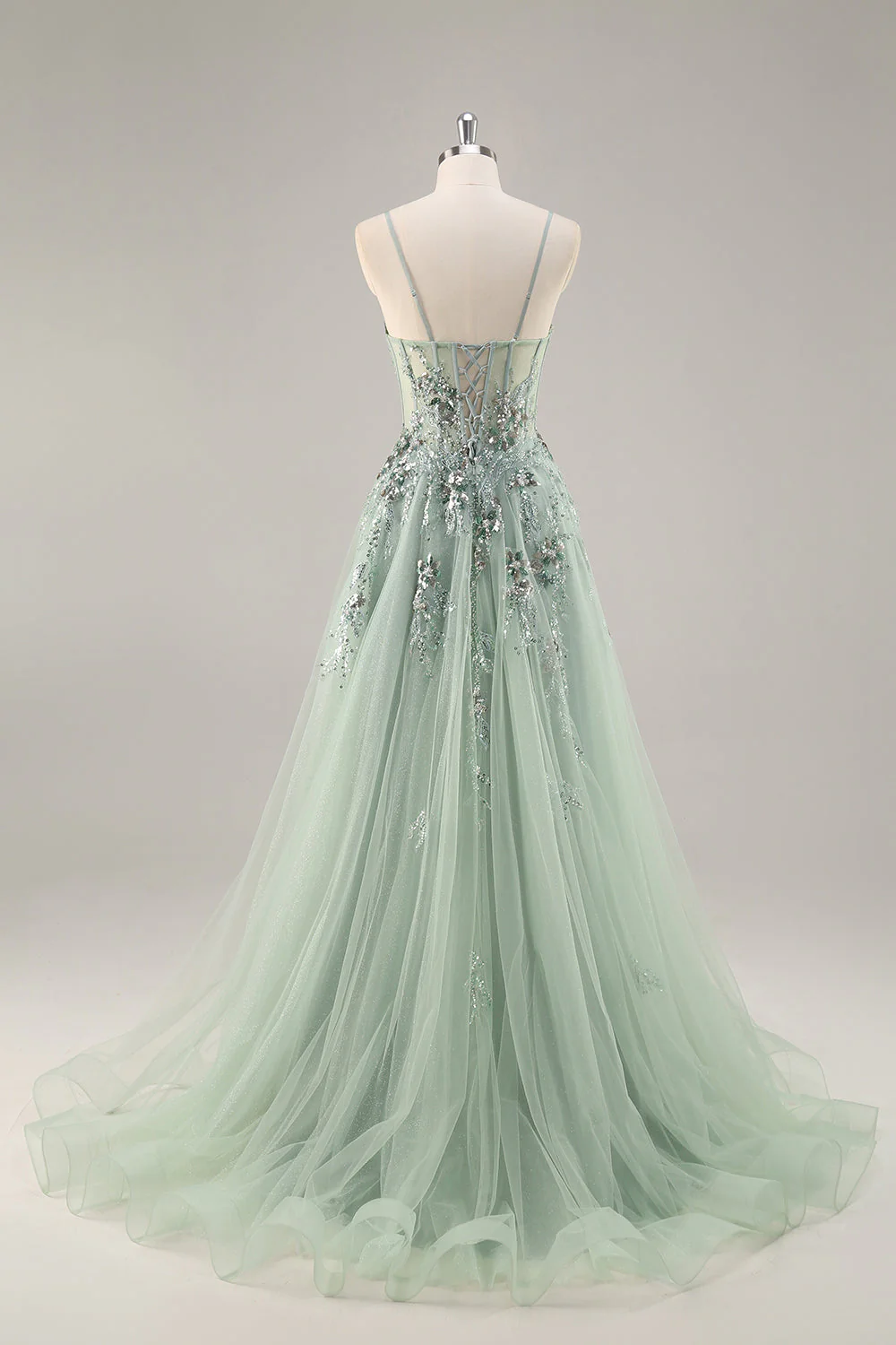 Robe de soirée longue en tulle bustier trapèze fendue - Image 4