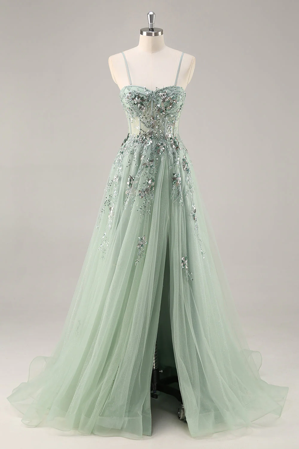 Robe de soirée longue en tulle bustier trapèze fendue - Image 5