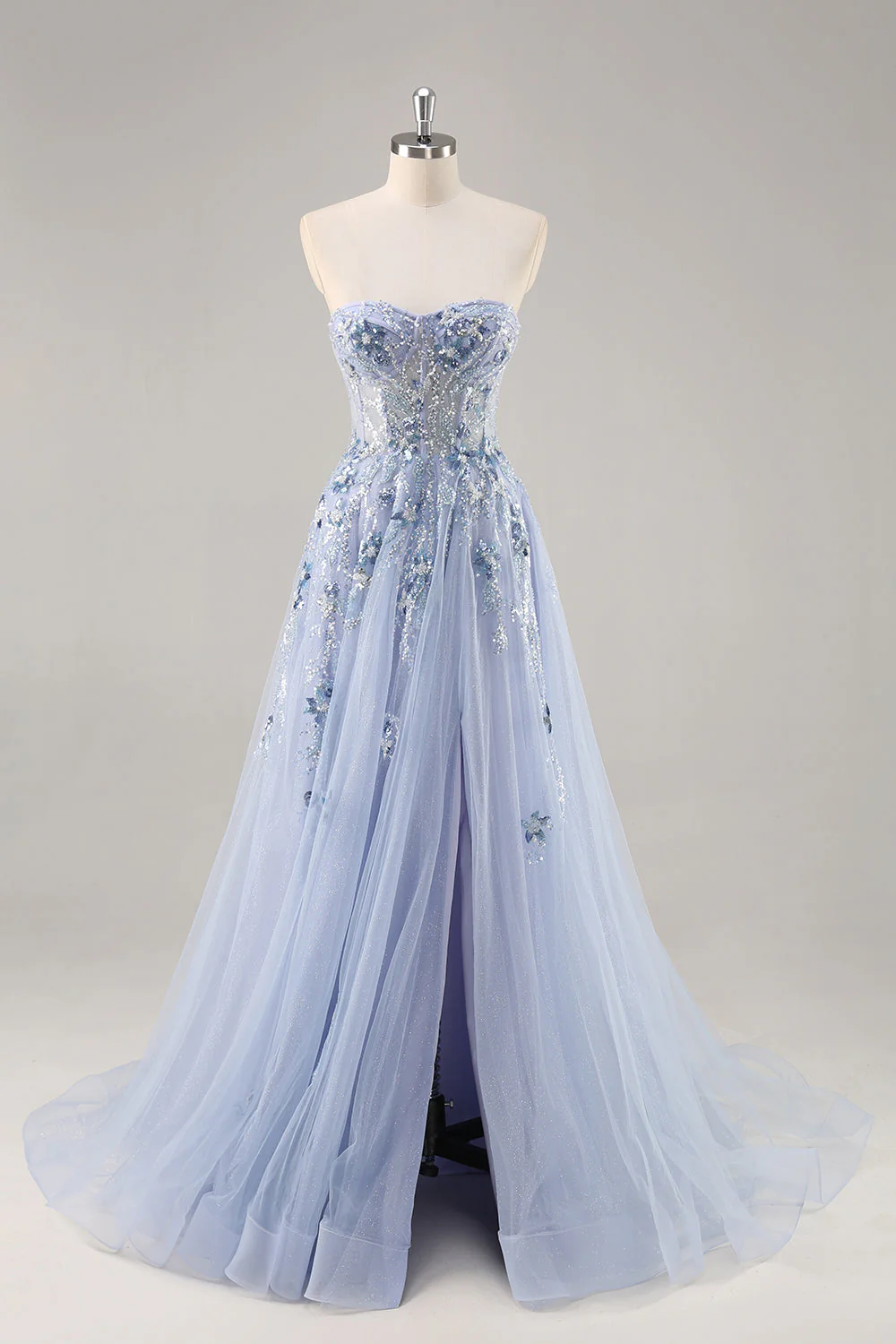 Robe de soirée longue en tulle bustier trapèze fendue - Image 7