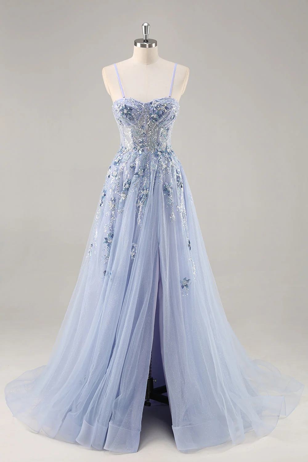 Robe de soirée longue en tulle bustier trapèze fendue - Image 9