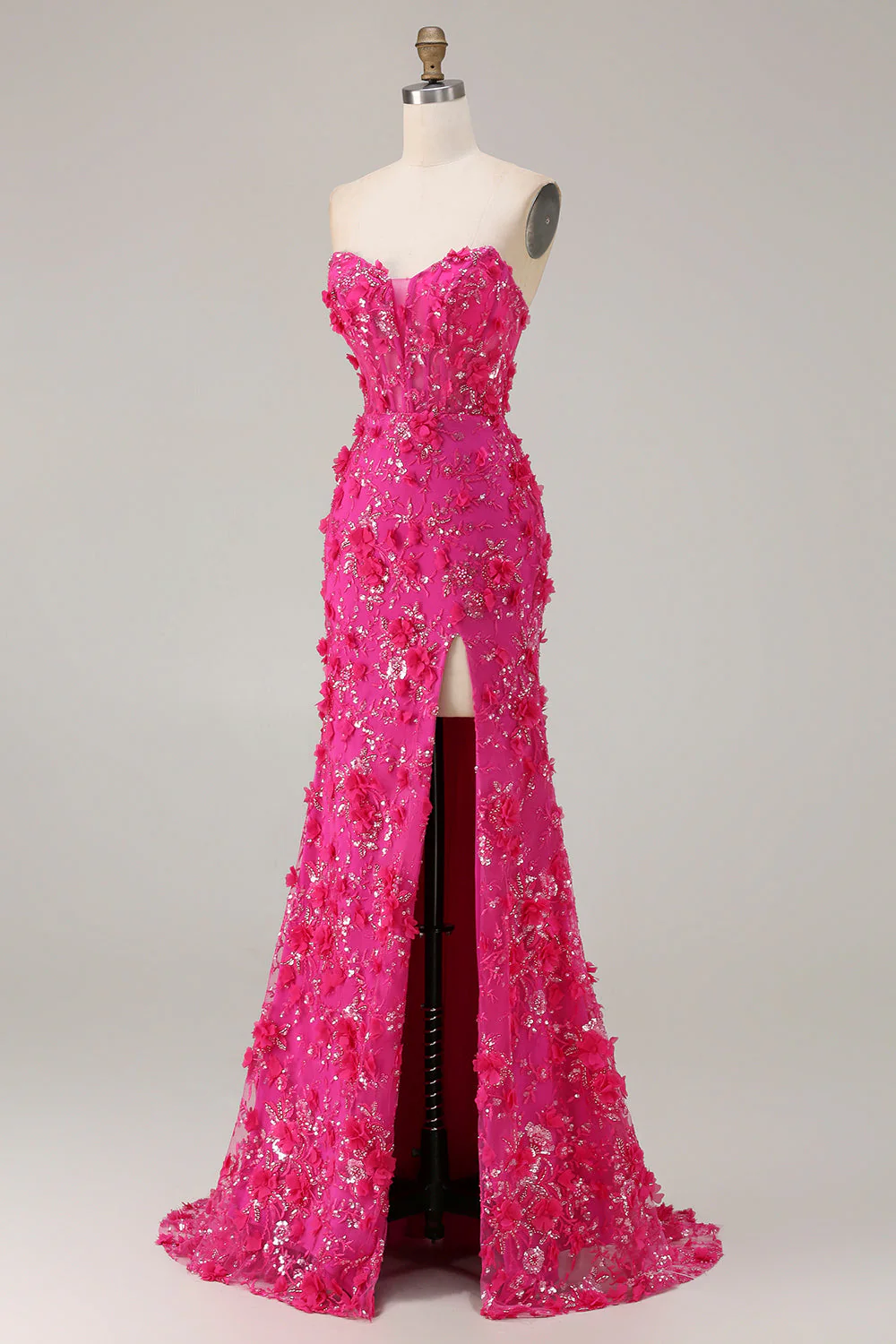 Corset sans bretelles en fuchsia Sirène 3D Fleurs à sequins longue robe de bal avec fente - Image 5
