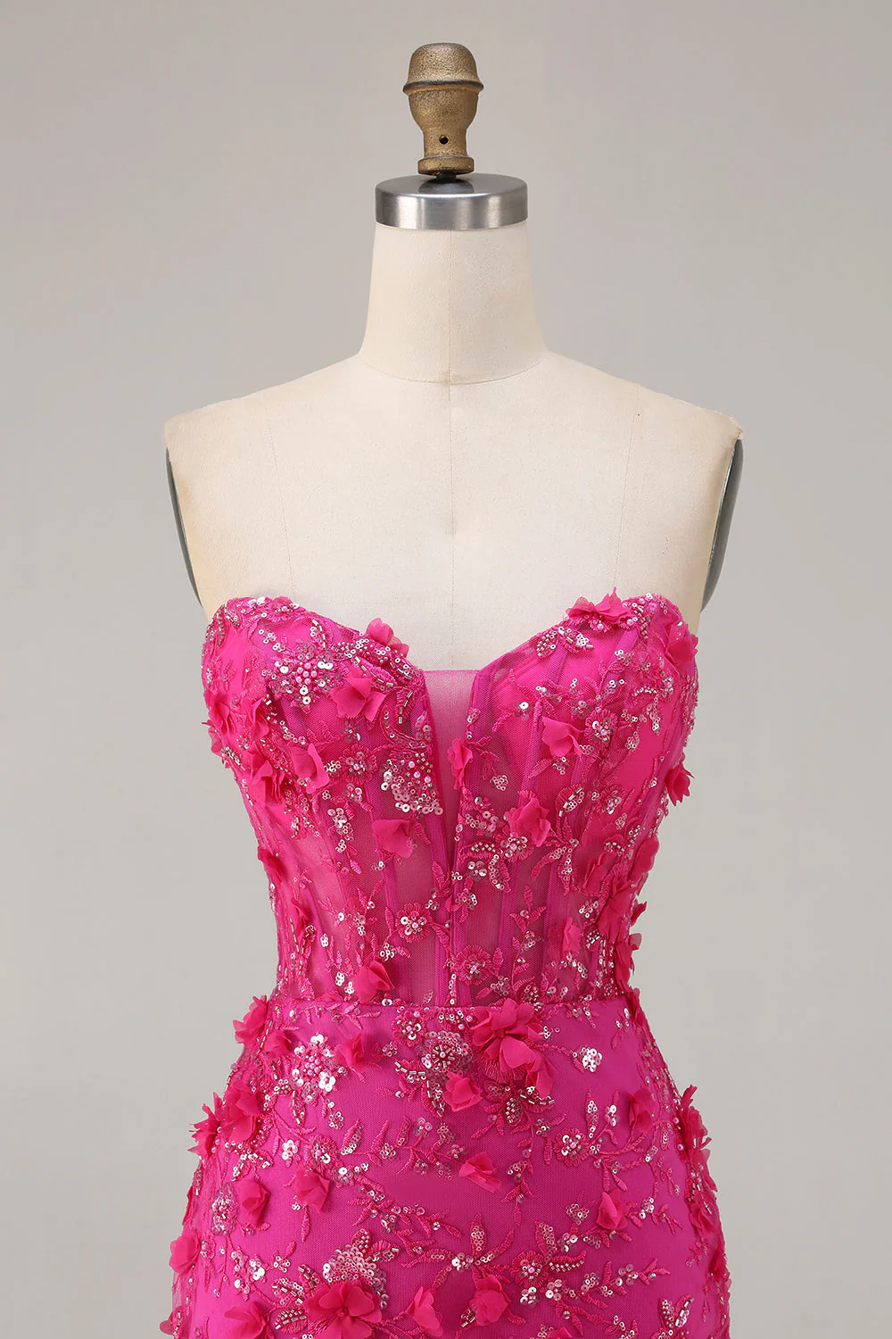 Corset sans bretelles en fuchsia Sirène 3D Fleurs à sequins longue robe de bal avec fente - Image 6