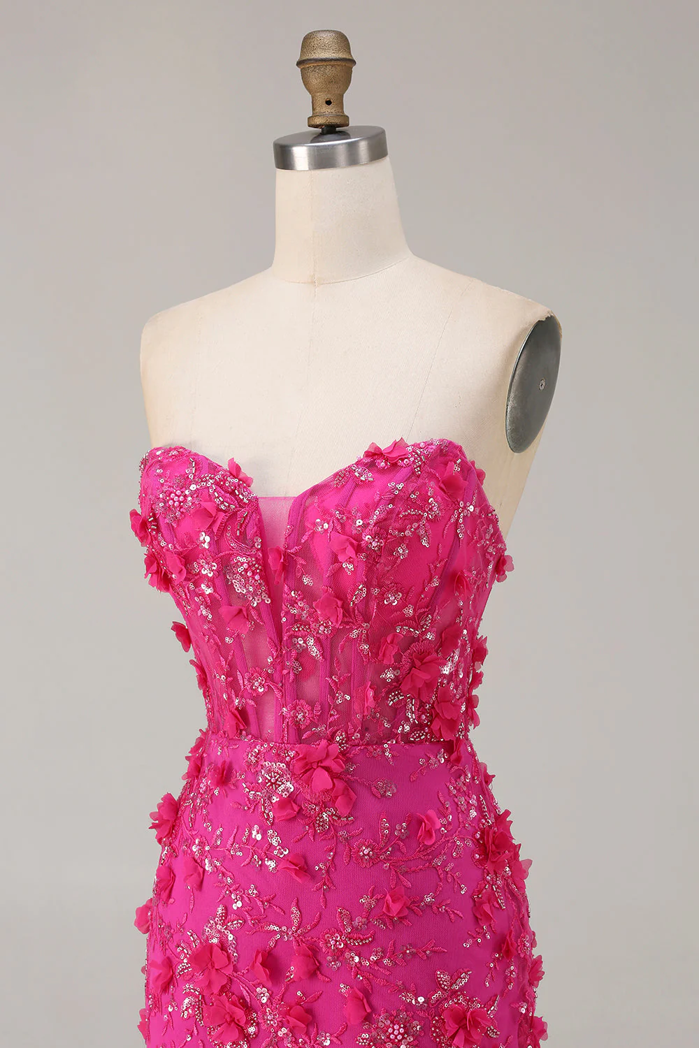 Corset sans bretelles en fuchsia Sirène 3D Fleurs à sequins longue robe de bal avec fente - Image 8