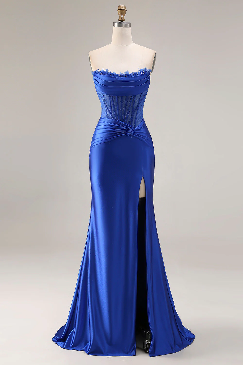 Corset sans bretelles en satin bleu royal longue robe de bal avec fente