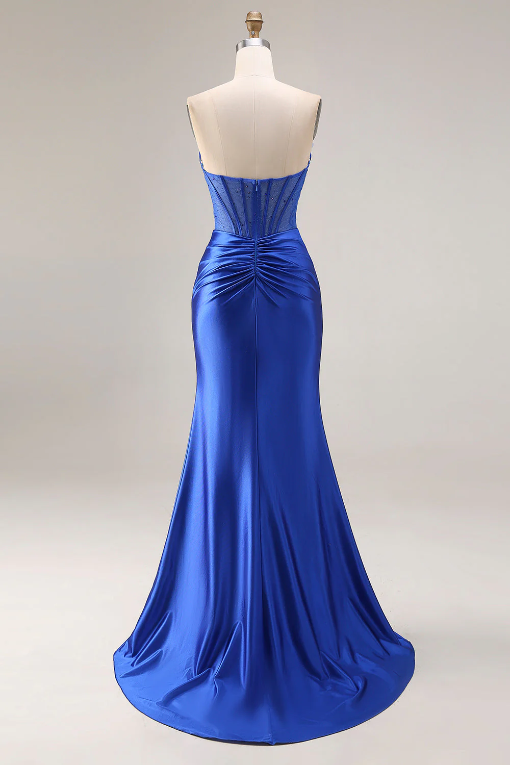 Corset sans bretelles en satin bleu royal longue robe de bal avec fente - Image 2