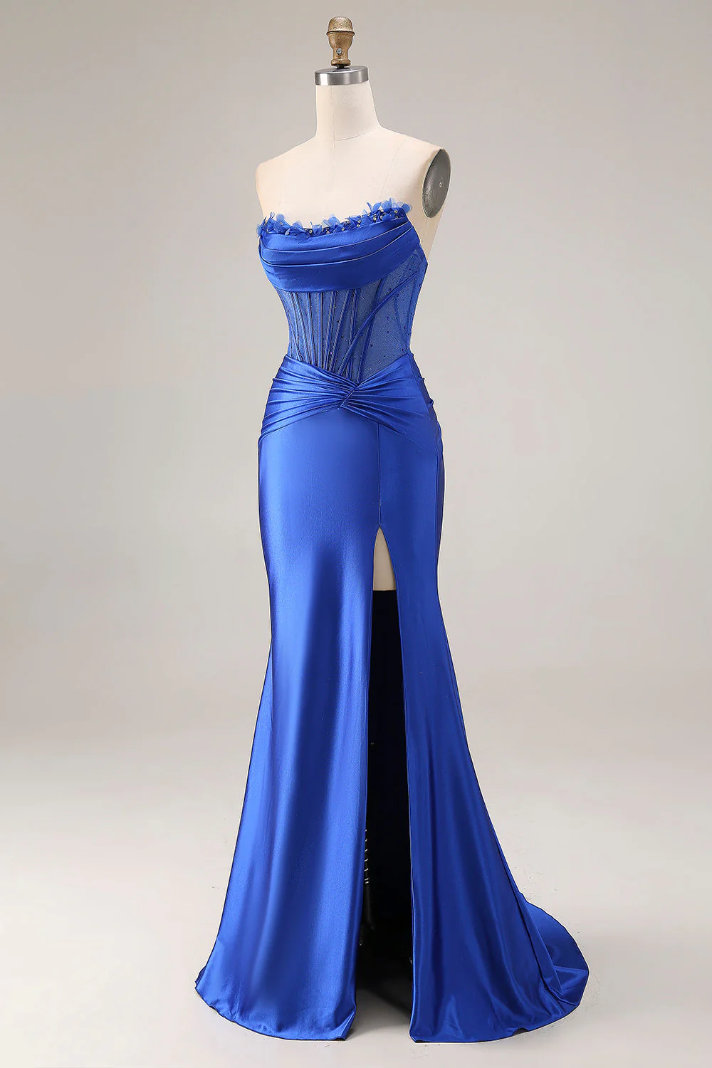 Corset sans bretelles en satin bleu royal longue robe de bal avec fente - Image 3