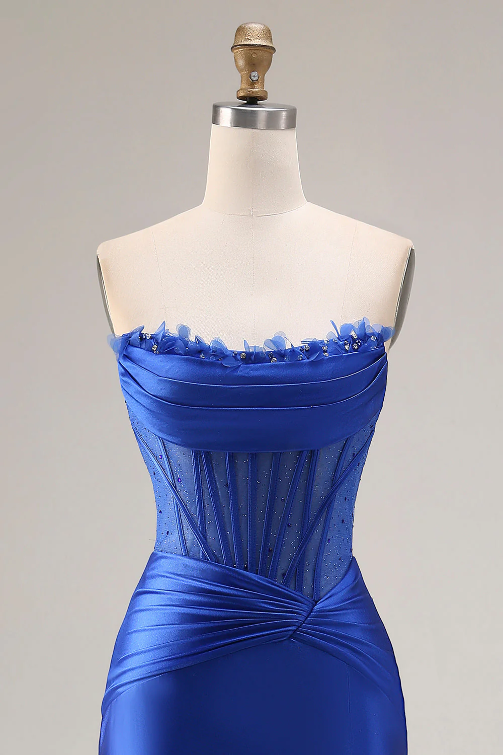 Corset sans bretelles en satin bleu royal longue robe de bal avec fente - Image 4