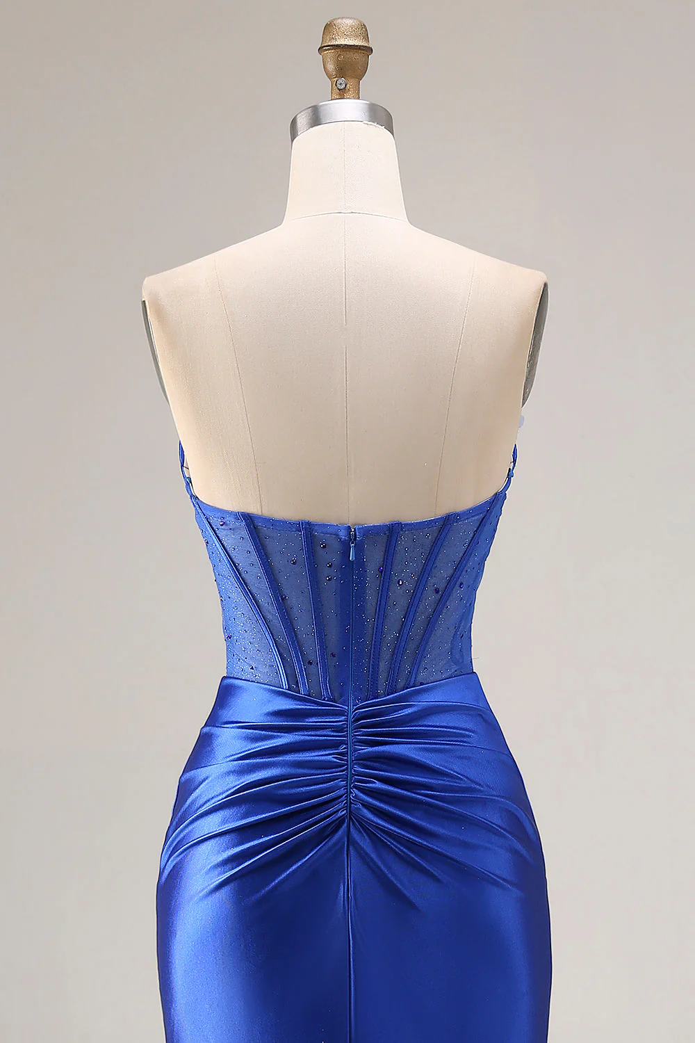 Corset sans bretelles en satin bleu royal longue robe de bal avec fente - Image 5