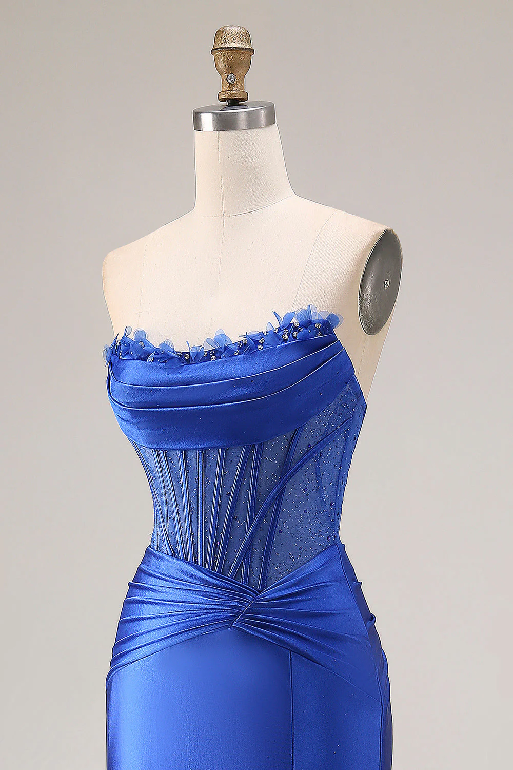 Corset sans bretelles en satin bleu royal longue robe de bal avec fente - Image 6