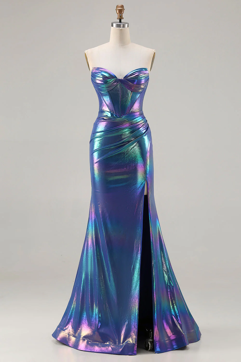 Robe de soirée longue sirène bleu marine métallique bustier sans bretelles avec fente