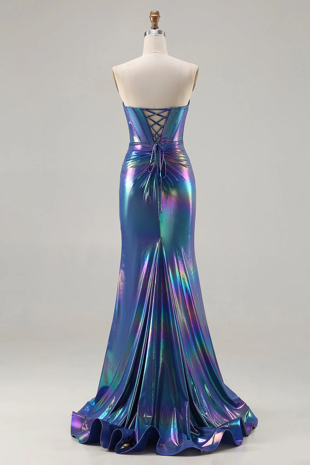 Robe de soirée longue sirène bleu marine métallique bustier sans bretelles avec fente - Image 2