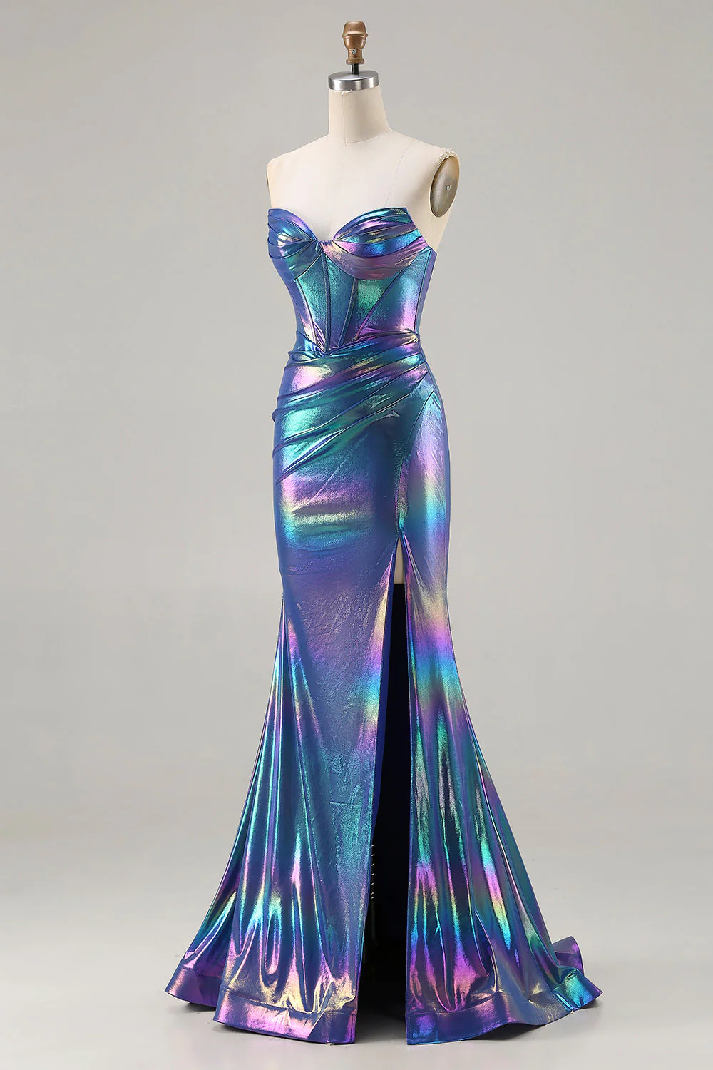 Robe de soirée longue sirène bleu marine métallique bustier sans bretelles avec fente - Image 3