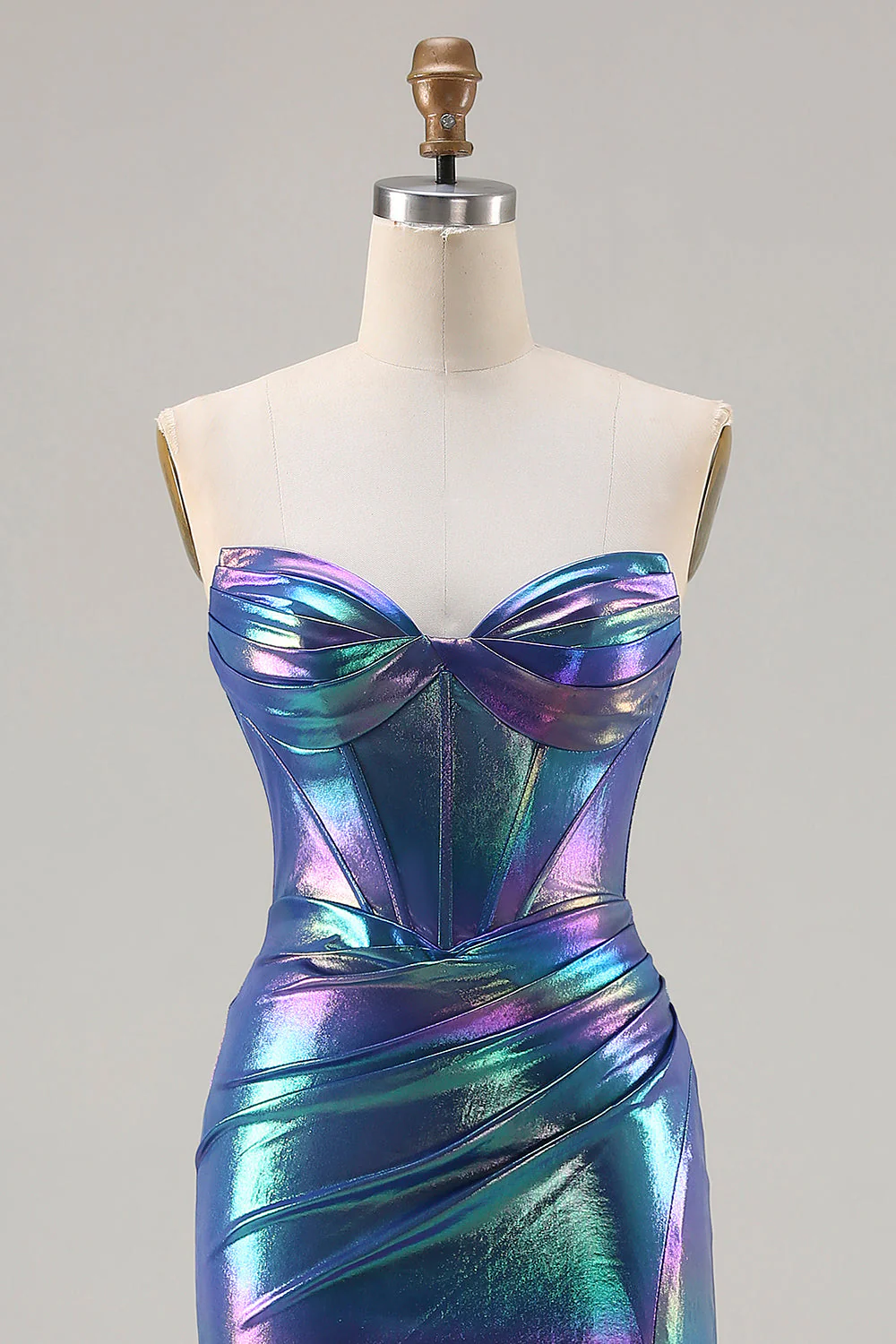 Robe de soirée longue sirène bleu marine métallique bustier sans bretelles avec fente - Image 4