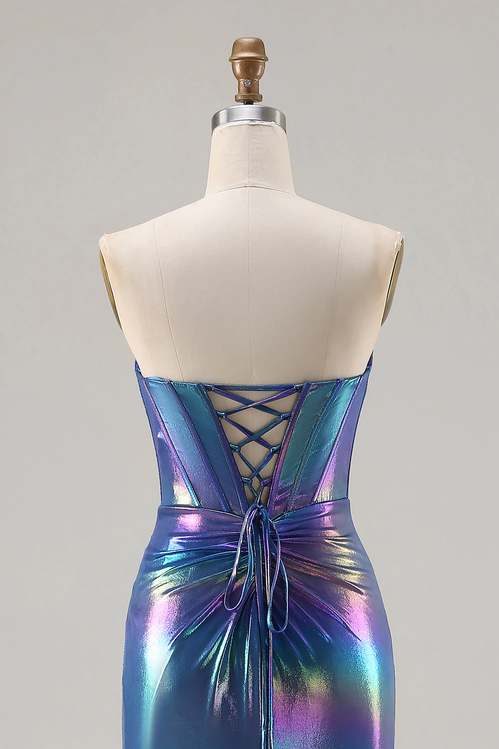 Robe de soirée longue sirène bleu marine métallique bustier sans bretelles avec fente - Image 5