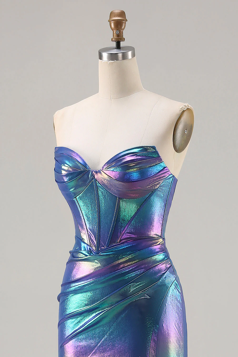 Robe de soirée longue sirène bleu marine métallique bustier sans bretelles avec fente - Image 6