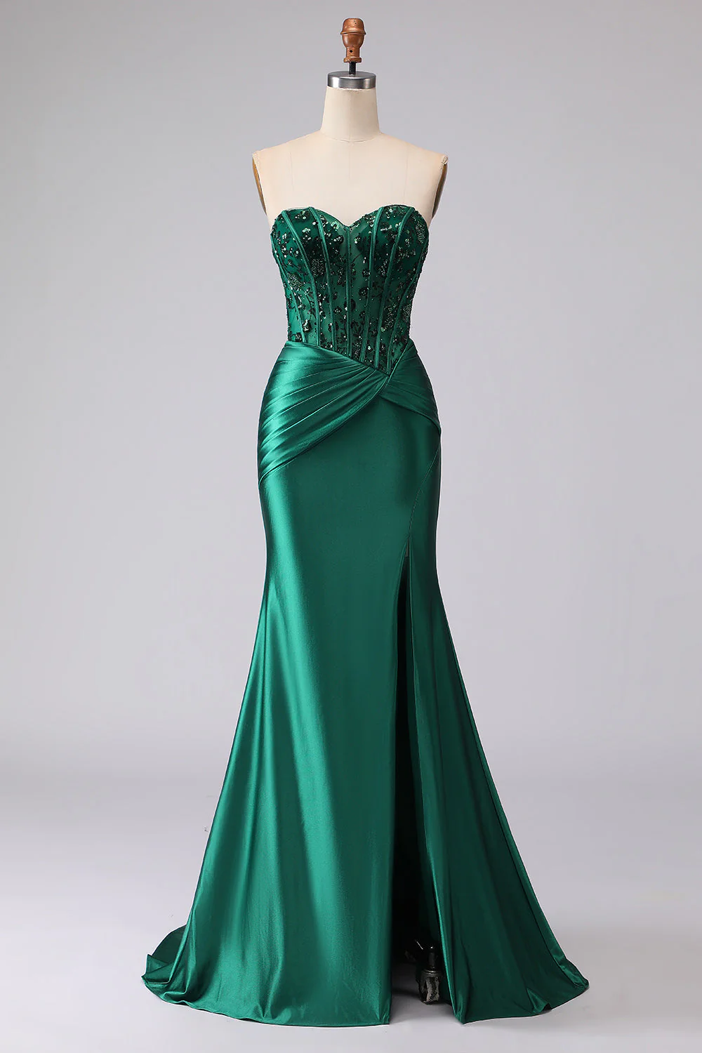 Corset sans bretelles en sirène vert foncé, paillettes froncées, laçet dans le dos, robe de bal avec fente