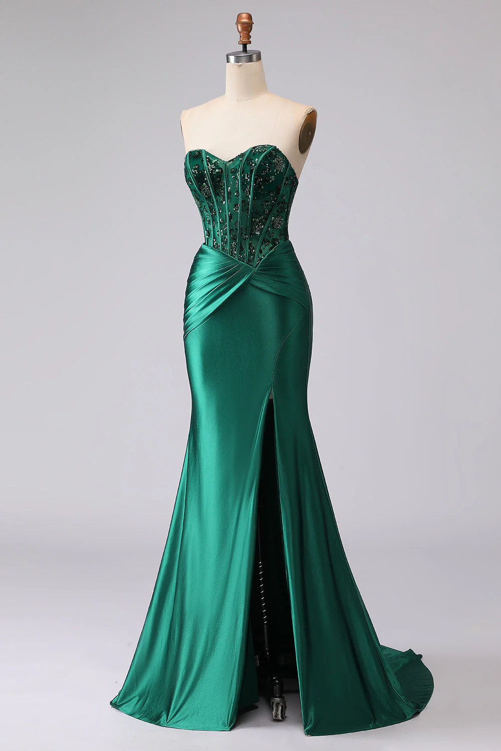 Corset sans bretelles en sirène vert foncé, paillettes froncées, laçet dans le dos, robe de bal avec fente - Image 5