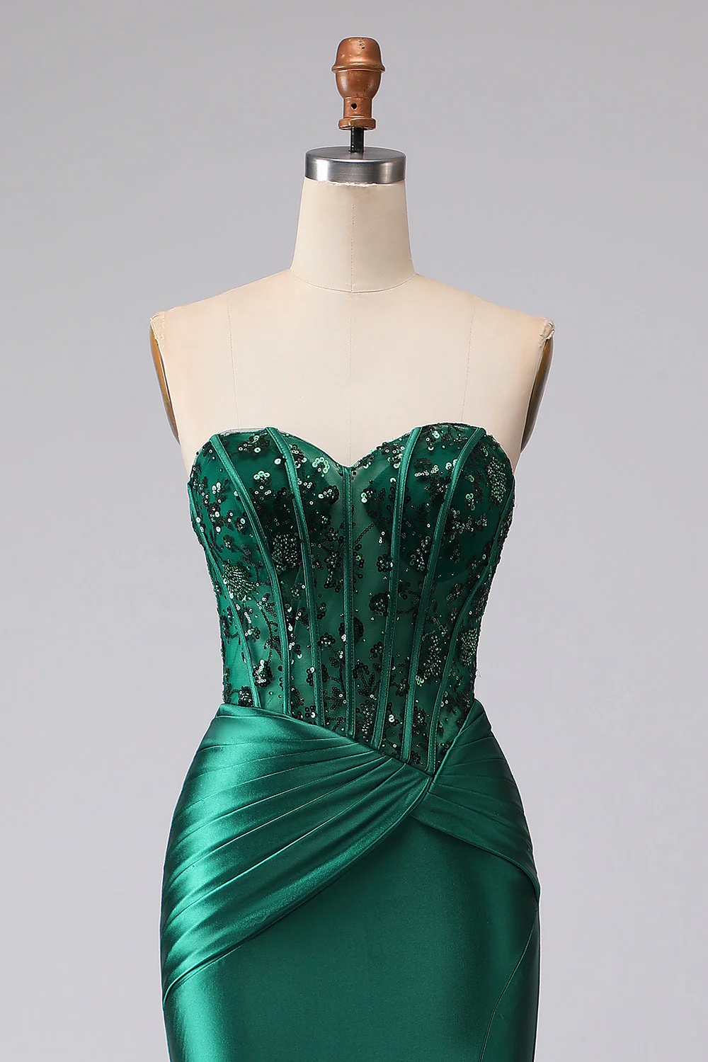 Corset sans bretelles en sirène vert foncé, paillettes froncées, laçet dans le dos, robe de bal avec fente - Image 6