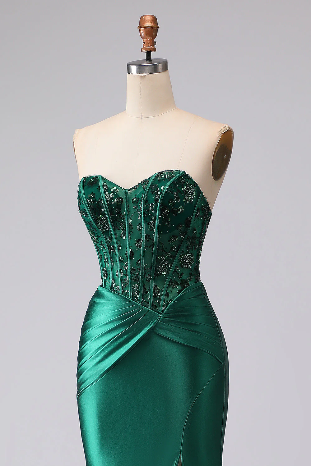 Corset sans bretelles en sirène vert foncé, paillettes froncées, laçet dans le dos, robe de bal avec fente - Image 8