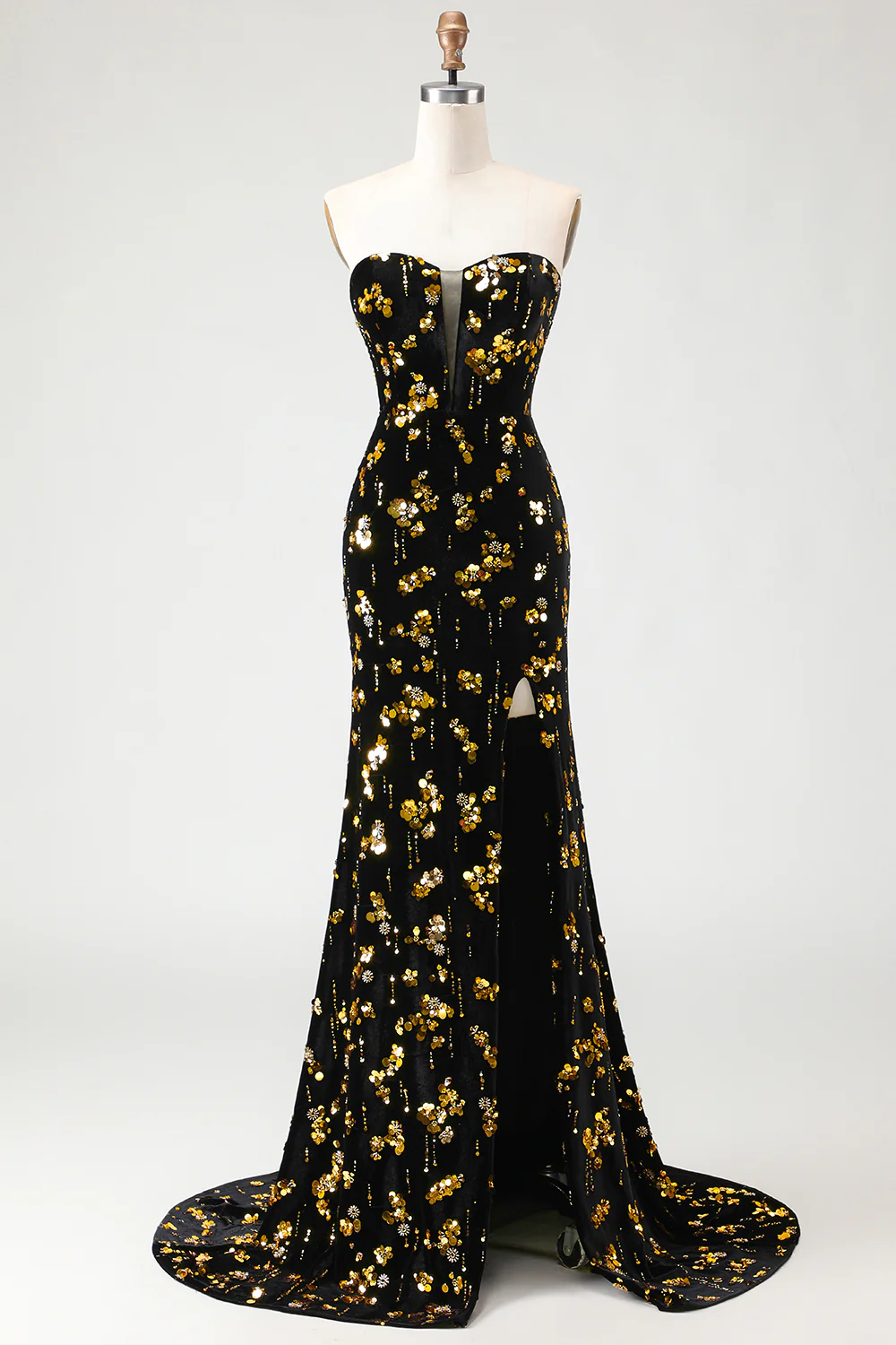 Corset sans bretelles en sirènes en sequins noirs et dorés, longue robe de bal en velours avec fente