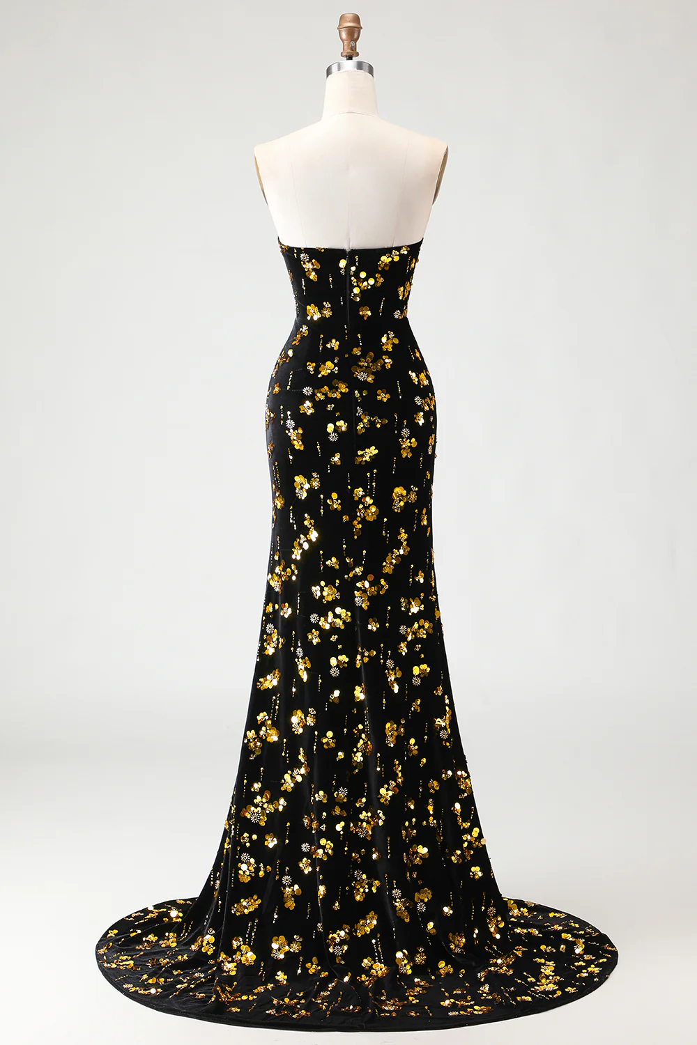 Corset sans bretelles en sirènes en sequins noirs et dorés, longue robe de bal en velours avec fente - Image 2