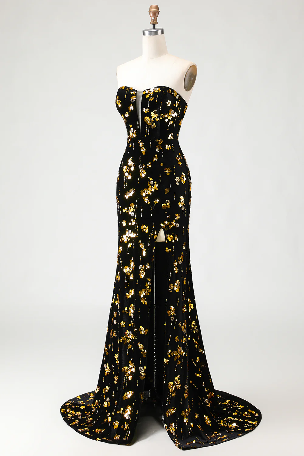 Corset sans bretelles en sirènes en sequins noirs et dorés, longue robe de bal en velours avec fente - Image 3