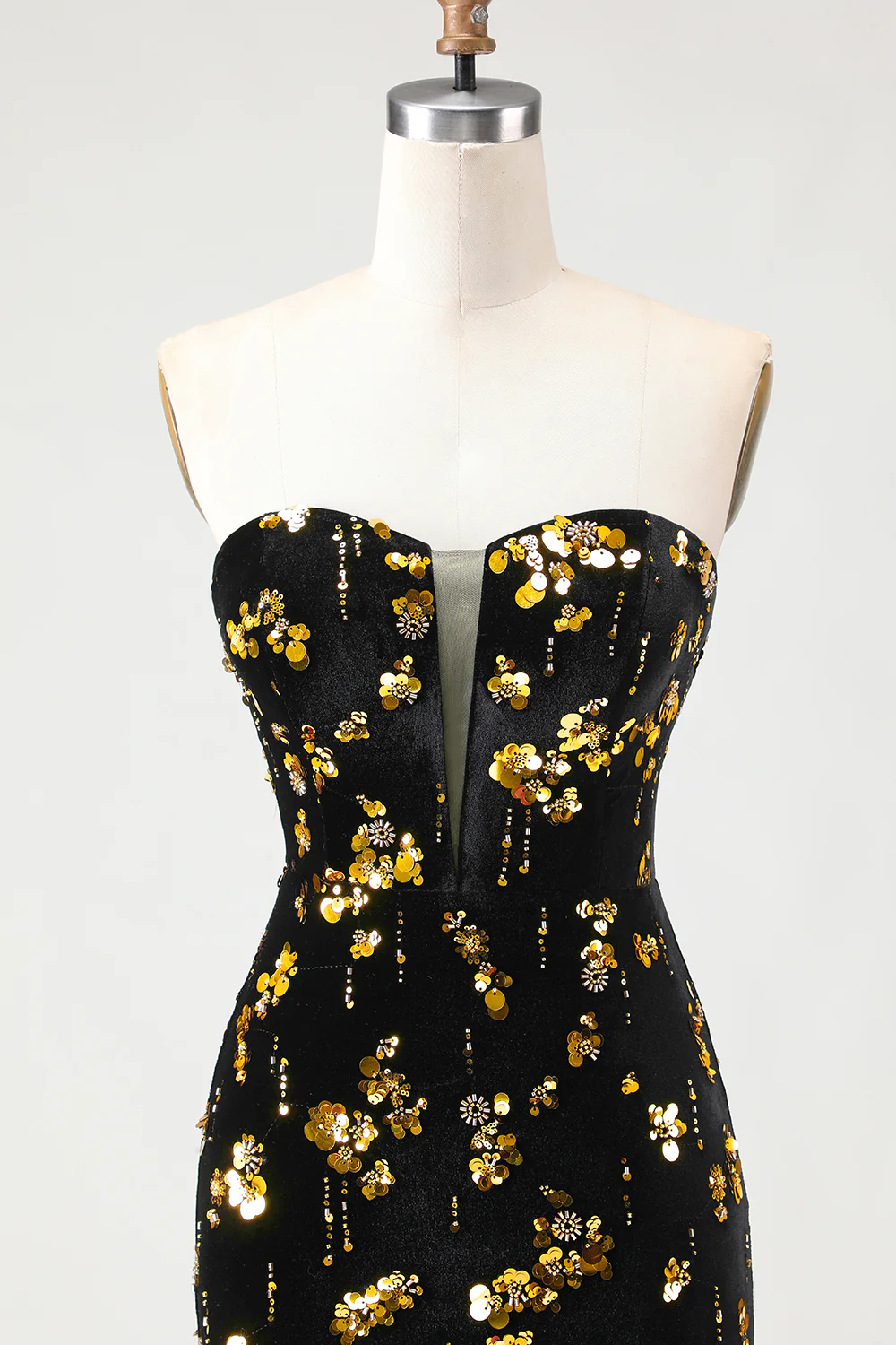 Corset sans bretelles en sirènes en sequins noirs et dorés, longue robe de bal en velours avec fente - Image 4
