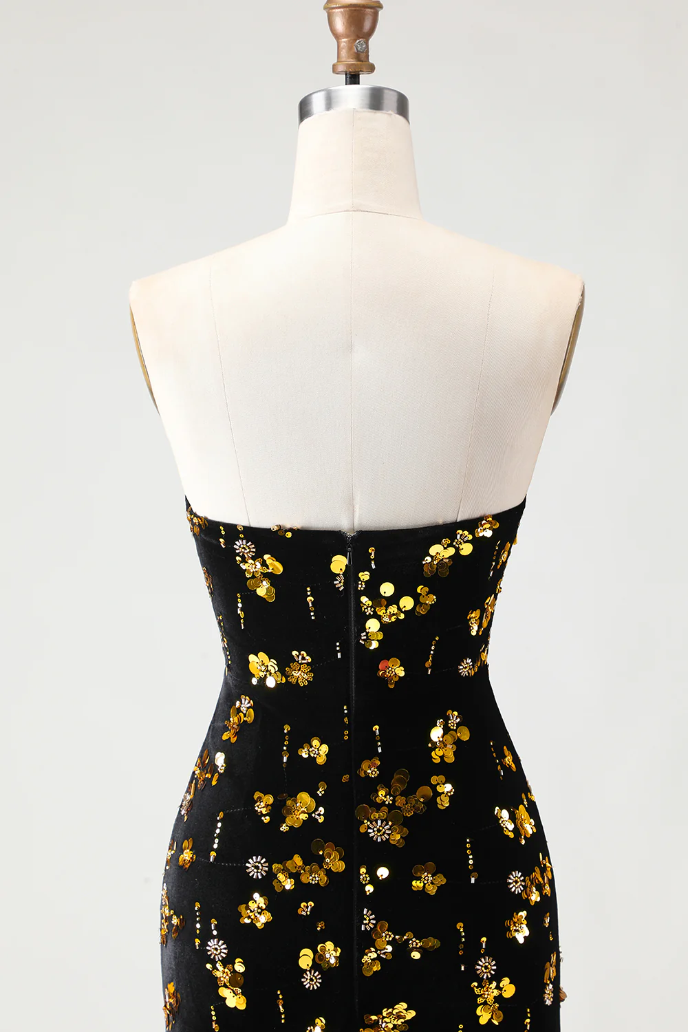 Corset sans bretelles en sirènes en sequins noirs et dorés, longue robe de bal en velours avec fente - Image 5