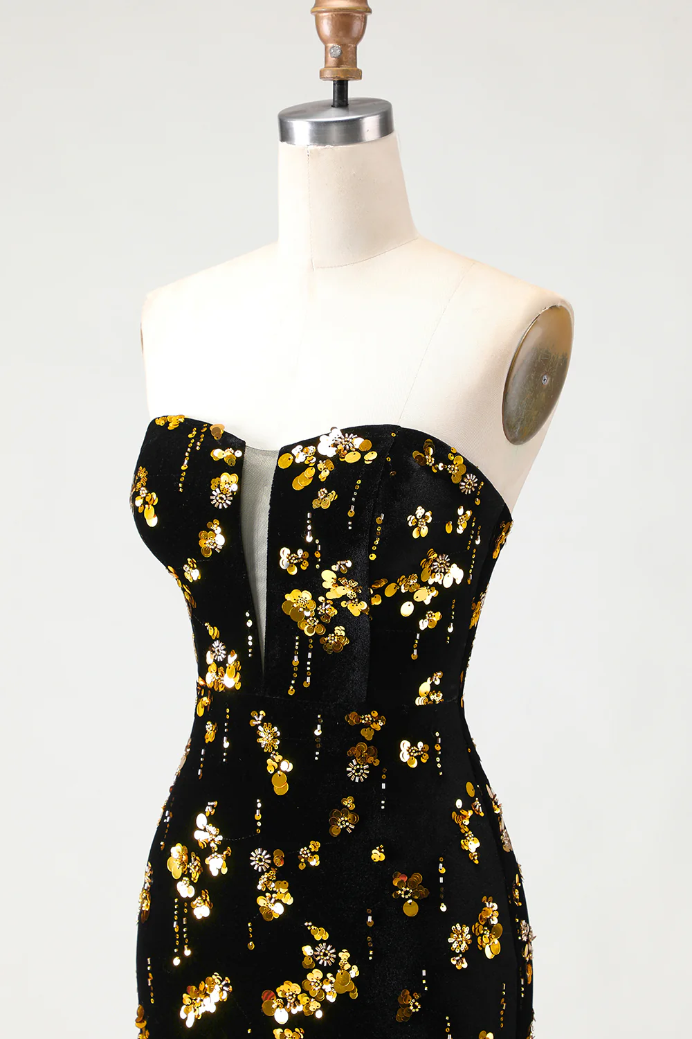 Corset sans bretelles en sirènes en sequins noirs et dorés, longue robe de bal en velours avec fente - Image 6