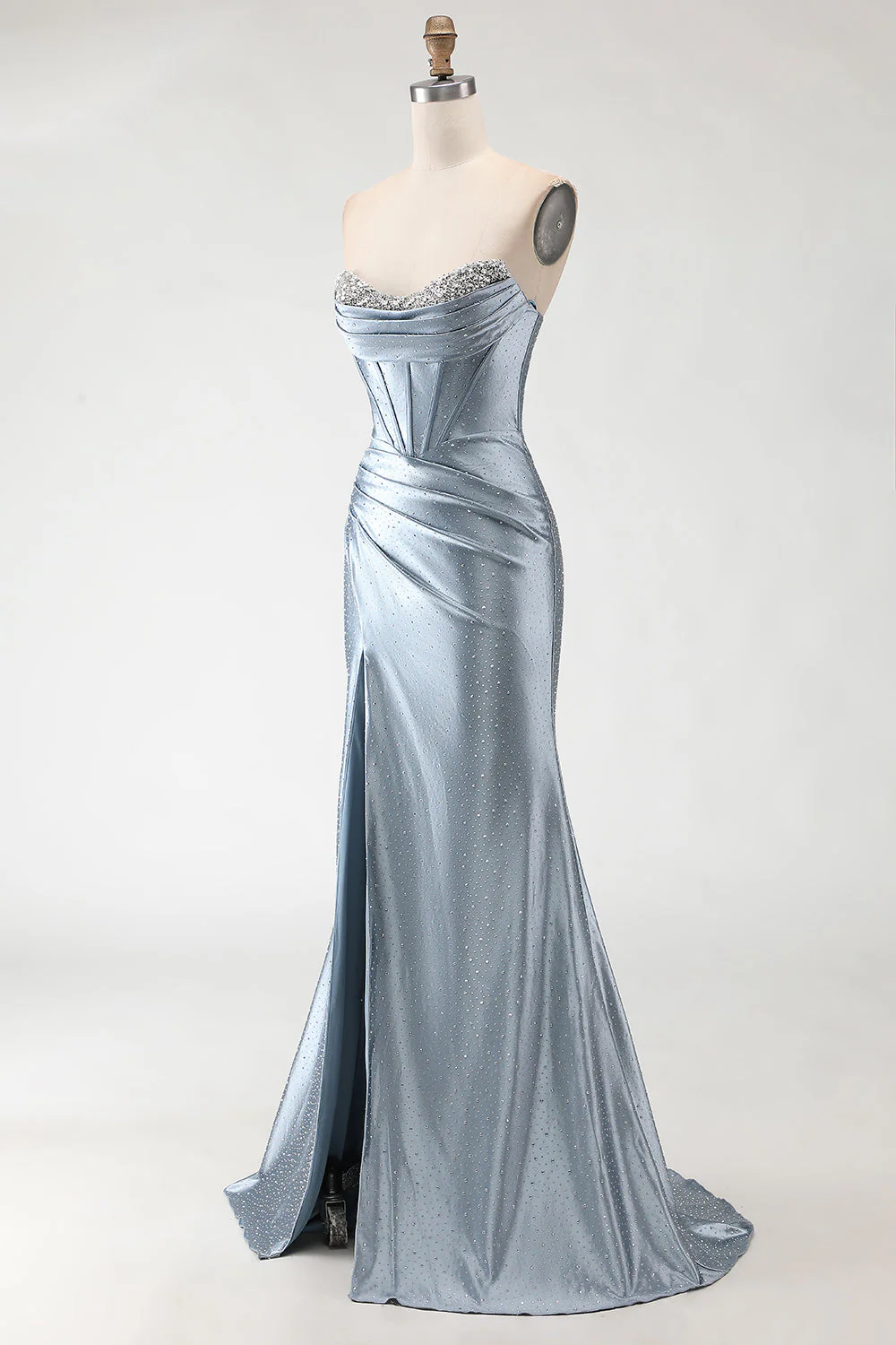 Corset sans bretelles gris-bleu, corset bretelé à perles, longue robe de bal avec fente - Image 3