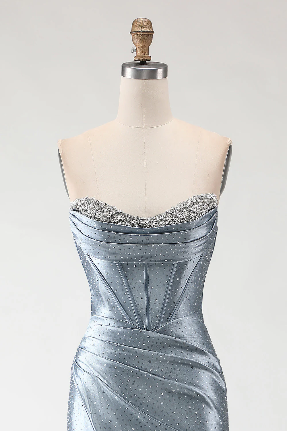 Corset sans bretelles gris-bleu, corset bretelé à perles, longue robe de bal avec fente - Image 4