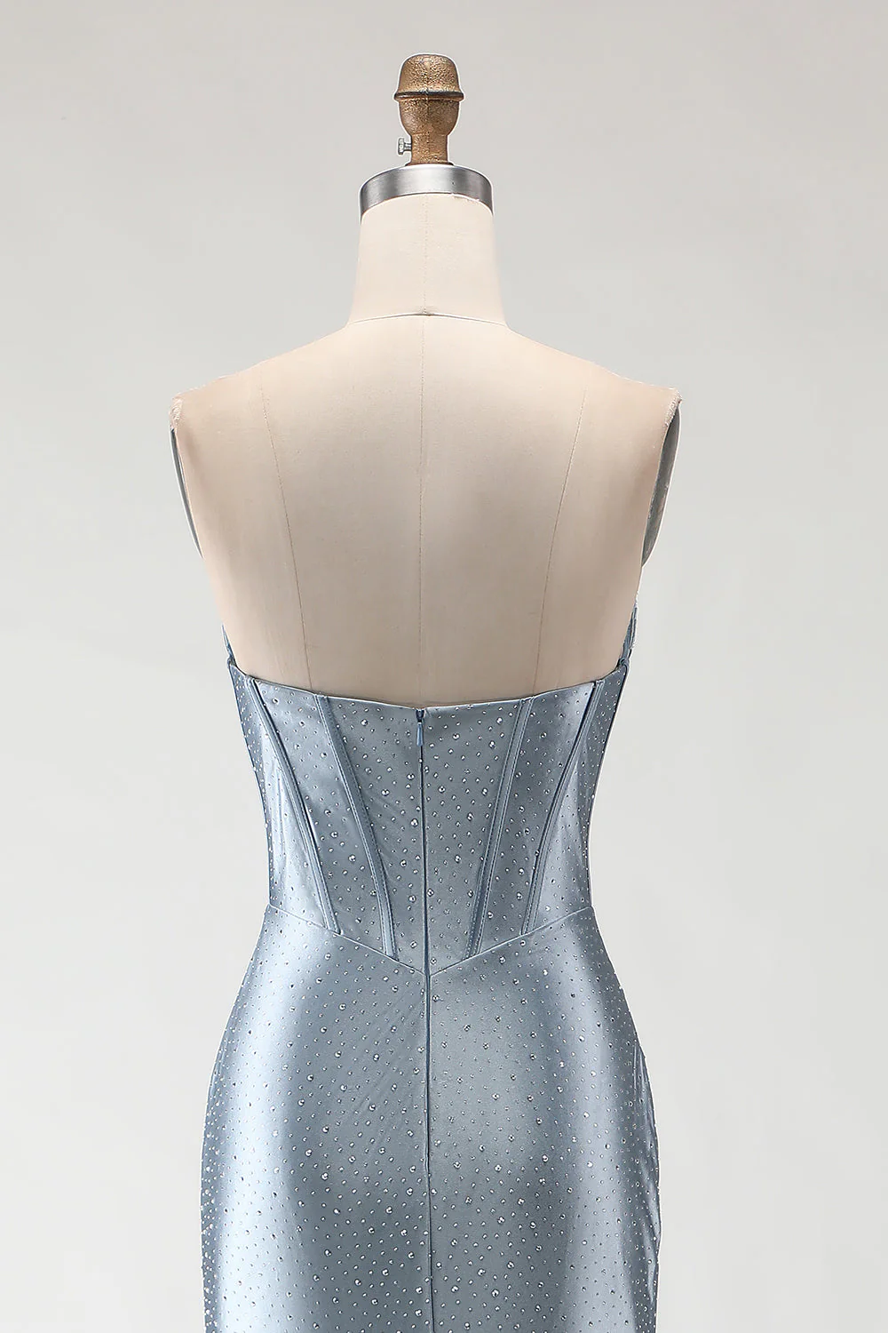 Corset sans bretelles gris-bleu, corset bretelé à perles, longue robe de bal avec fente - Image 5