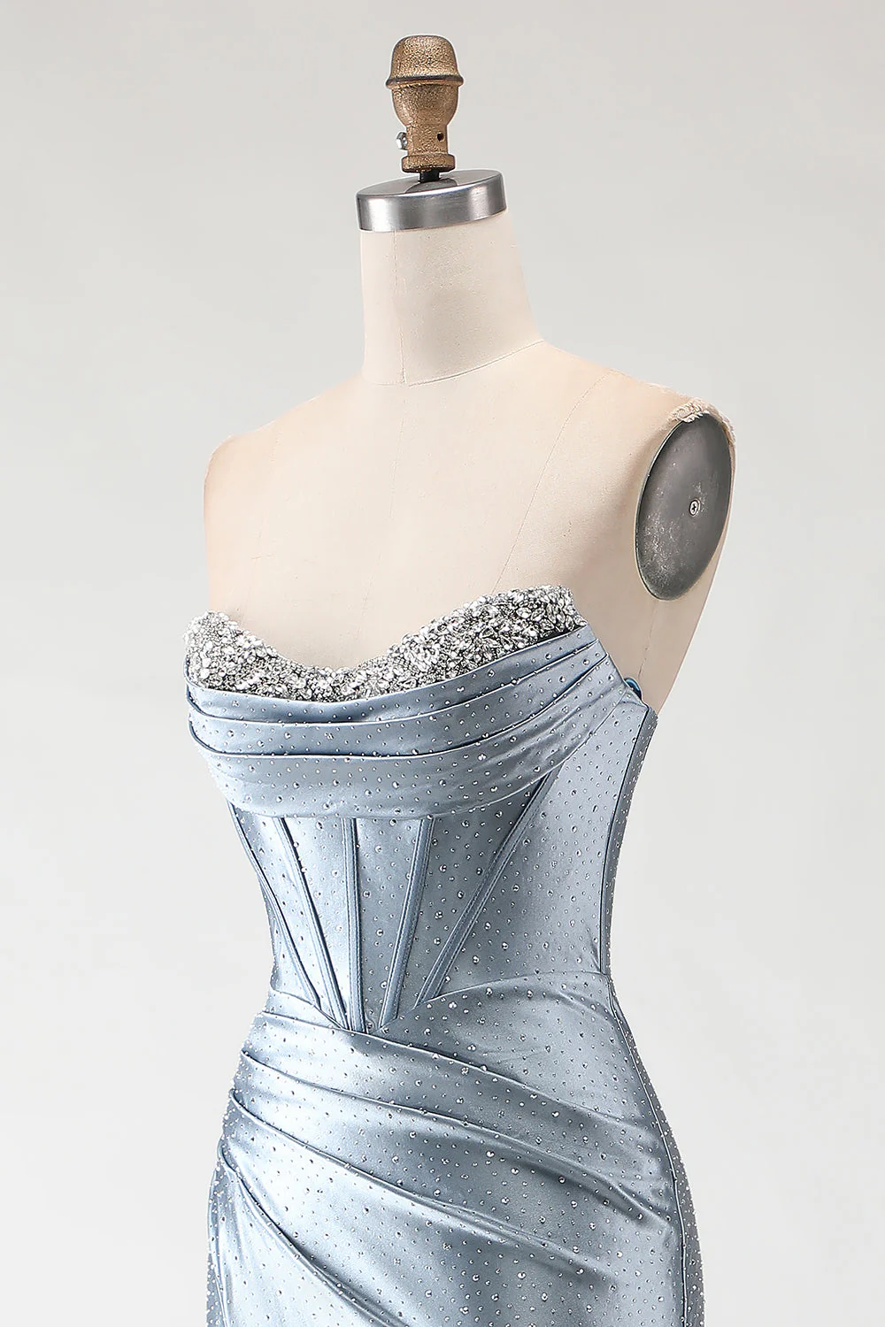 Corset sans bretelles gris-bleu, corset bretelé à perles, longue robe de bal avec fente - Image 6
