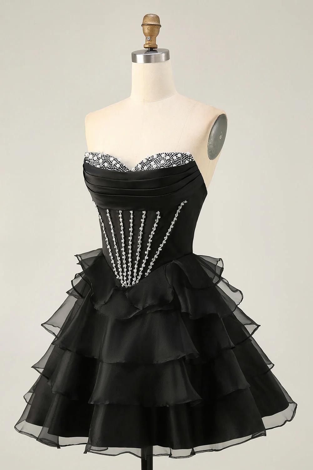 Corset sans bretelles noir à plusieurs niveaux Robe de cocktail avec perles - Image 3
