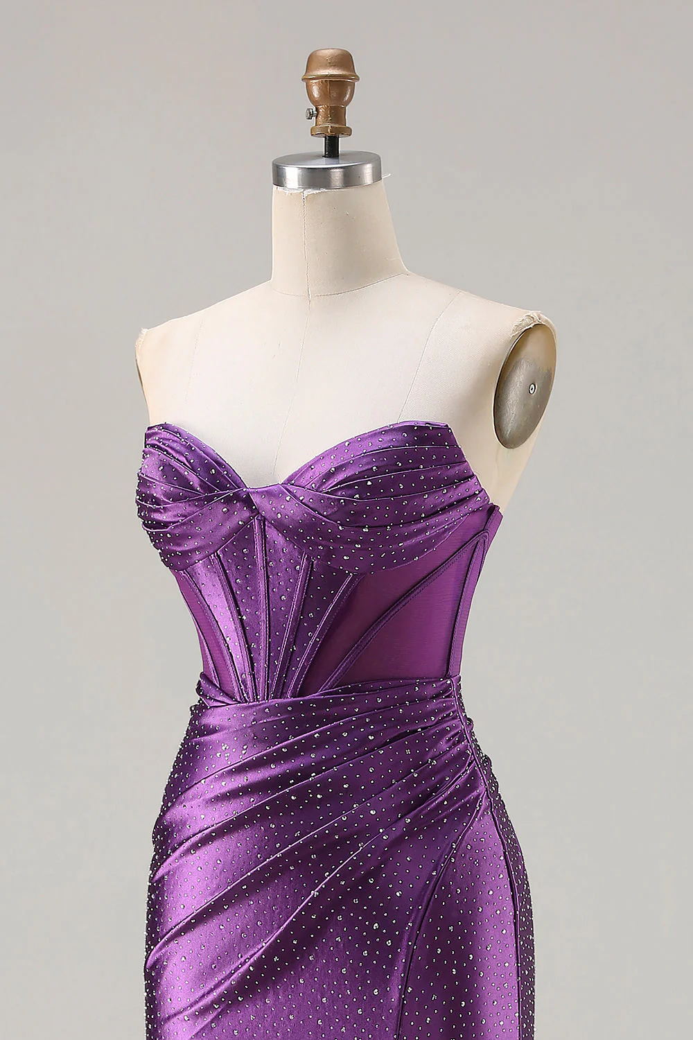 Corset sans bretelles perlé en sirène violet foncé longue robe de bal avec fente - Image 6